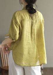 French Yellow Peter Pan Collar Patchwork Cotton Shirt Tops Summer