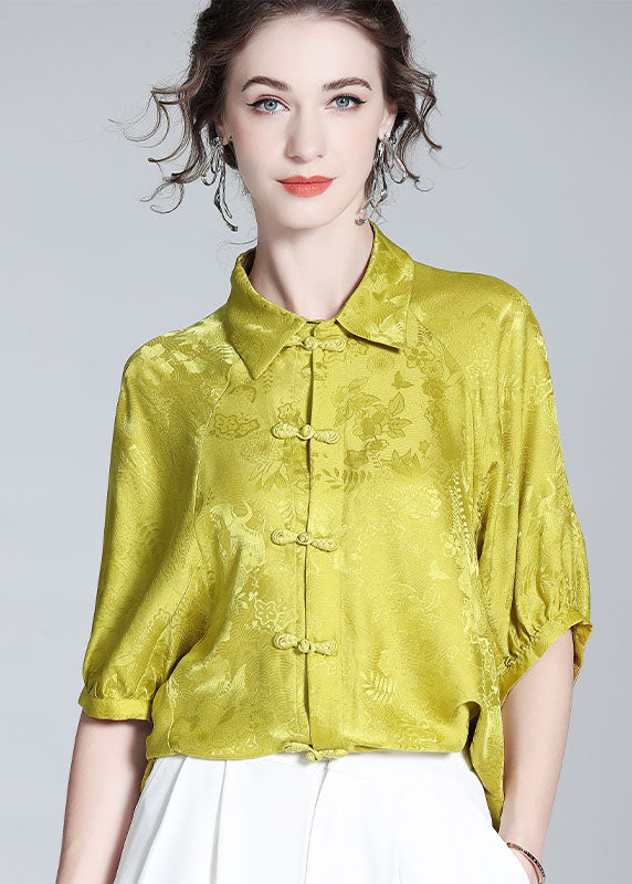 French Yellow Peter Pan Collar Patchwork Oriental Button Silk Shirt Spring