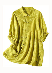 French Yellow Peter Pan Collar Patchwork Oriental Button Silk Shirt Spring