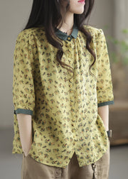 French Yellow Peter Pan Collar Print Button Linen Shirt Half Sleeve