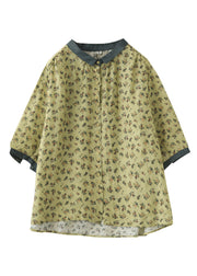 French Yellow Peter Pan Collar Print Button Linen Shirt Half Sleeve