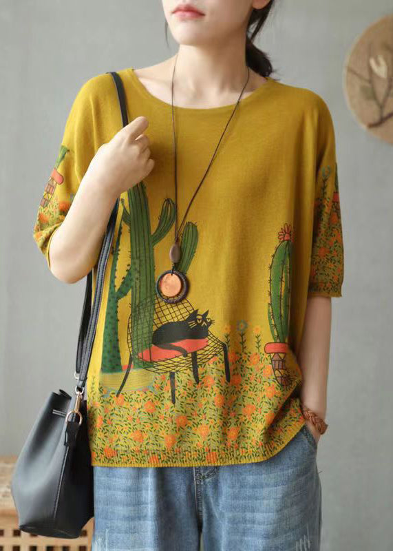 French Yellow Print Patchwork Cotton Knit T Shirts Short Sleeve