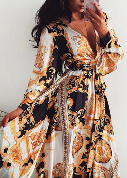 French Yellow Print V Neck Cotton Dress Long Sleeve