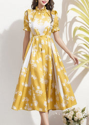 French Yellow Ruffled Print Patchwork Silk Dress Summer