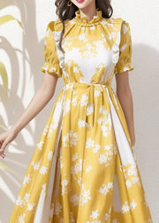 French Yellow Ruffled Print Patchwork Silk Dress Summer