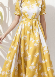 French Yellow Ruffled Print Patchwork Silk Dress Summer