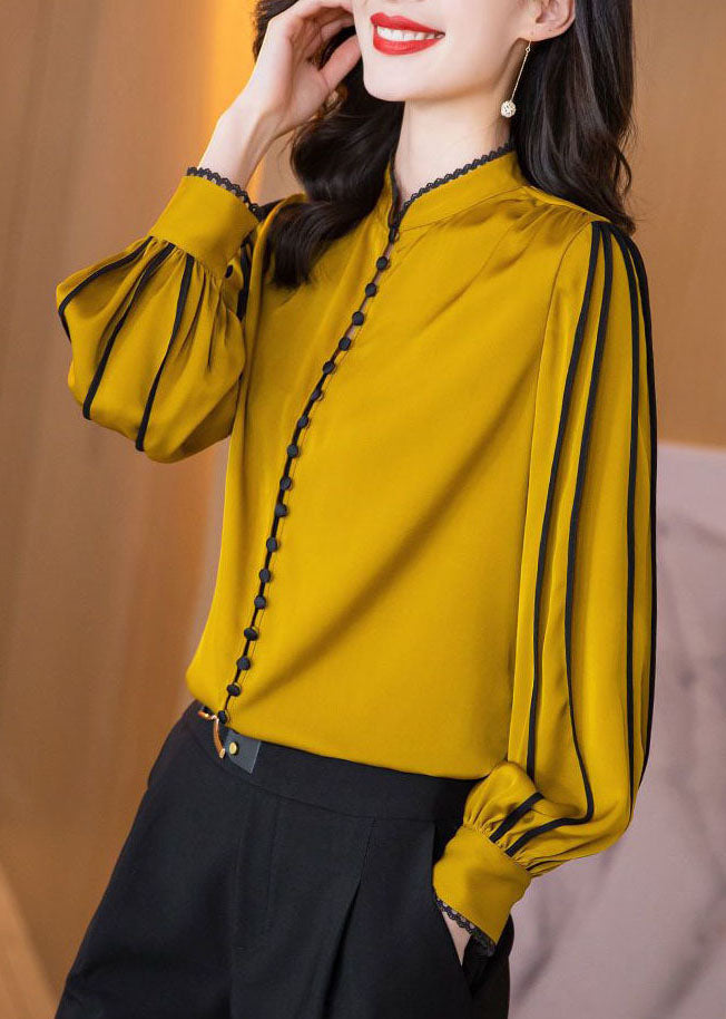 French Yellow Stand Collar Button Draping Silk Shirt Top Long Sleeve