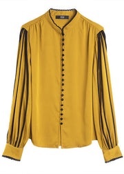 French Yellow Stand Collar Button Draping Silk Shirt Top Long Sleeve