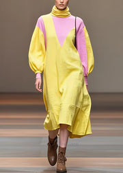 French Yellow Turtleneck Patchwork Cotton Dresses Fall