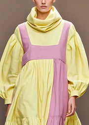 French Yellow Turtleneck Patchwork Cotton Dresses Long Sleeve