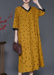 French Yellow V Neck Print Linen Dresses Summer