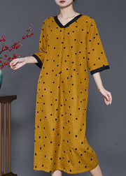 French Yellow V Neck Print Linen Dresses Summer