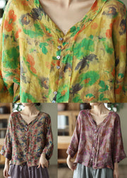 French Yellow V Neck Print Linen Shirts Summer