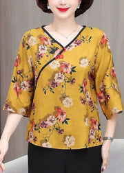 French Yellow V Neck Print Patchwork Silk Top Summer