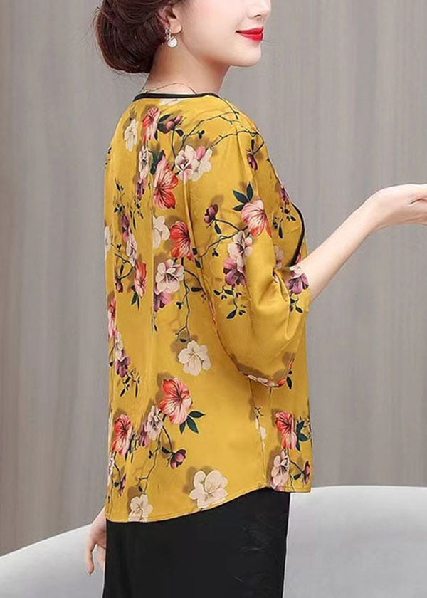 French Yellow V Neck Print Patchwork Silk Top Summer