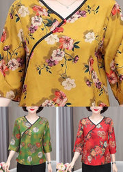 French Yellow V Neck Print Patchwork Silk Top Summer