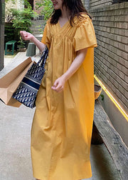 French Yellow V Neck Wrinkled Patchwork Cotton Long Dress Summer