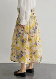 French Yellow Wrinkled Print Elastic Waist Cotton Skirt Summer