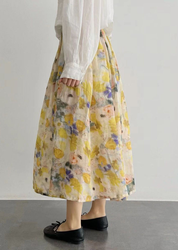 French Yellow Wrinkled Print Elastic Waist Cotton Skirt Summer