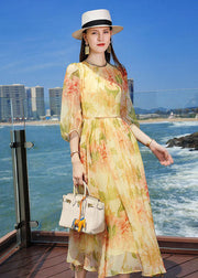 French Yellow Wrinkled Print Silk Holiday Dress Summer