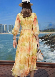 French Yellow Wrinkled Print Silk Holiday Dress Summer