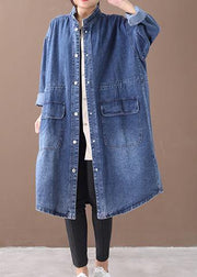 French denim blue Plus Size box coat Shape stand collar drawstring coat - SooLinen