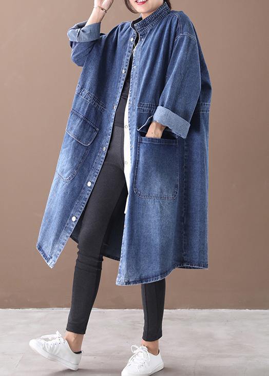 French denim blue Plus Size box coat Shape stand collar drawstring coat - SooLinen