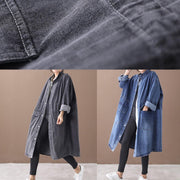 French denim blue Plus Size box coat Shape stand collar drawstring coat - SooLinen