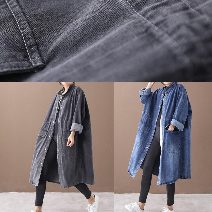 French denim blue Plus Size box coat Shape stand collar drawstring coat - SooLinen