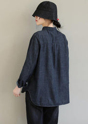 French Denim Black Top Revers Taschen Baggy Frühlingsblusen