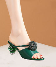 Genuine Leather Sandals Green Splicing Peep Toe Floral Zircon