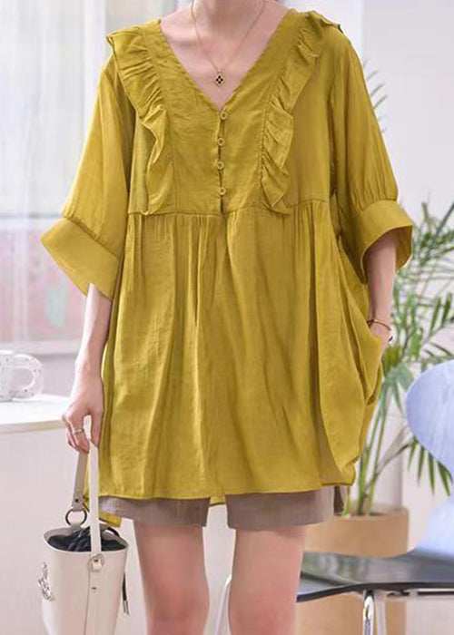 Ginger Wrinkled Cotton Blouse V Neck Half Sleeve