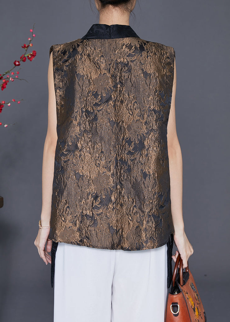 Golden Patchwork Silk Vest V Neck Jacquard Fall