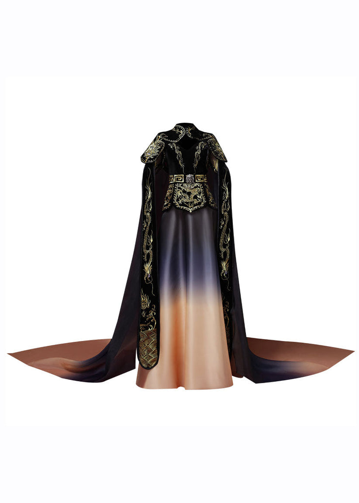 Gradient Color Black High Waist Embroidered Silk Velour Mantle And Dress Two Piece Set Long Sleeve