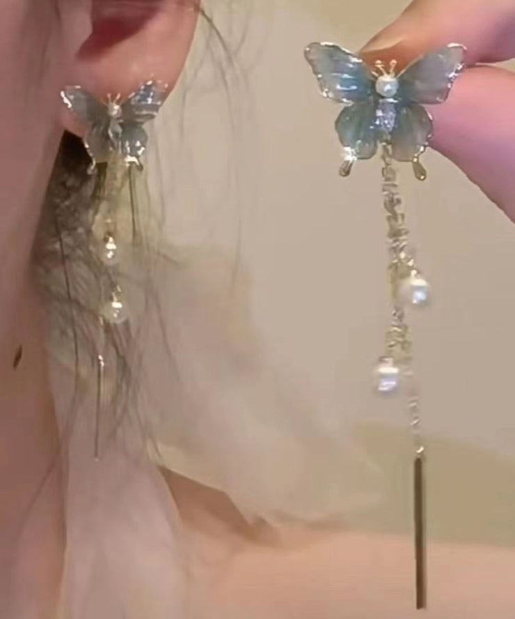 Gradient Color Blue Metal Butterfly Pearl Tassel Drop Earrings