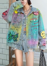 Gradient Color Blue Peter Pan Collar Graffiti Pockets Denim Coats Fall