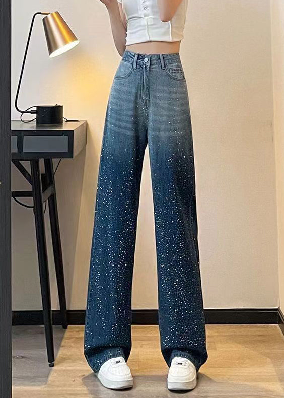 Gradient Color Blue Pockets High Waist Zircon Wide Leg Jeans