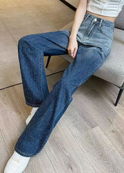 Gradient Color Blue Pockets High Waist Zircon Wide Leg Jeans