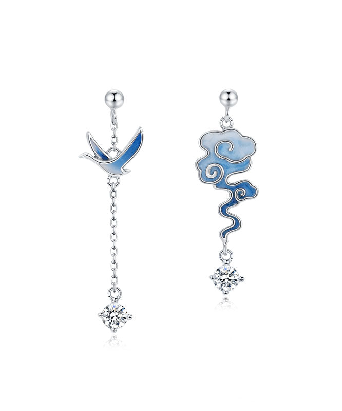 Gradient Color Blue Sterling Silver Asymmetricar Zircon Xiangyun Crane Tassel Drop Earrings