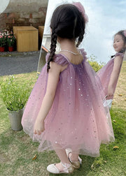 Gradient Color Pink O-Neck Sequins Tulle Girls Mid Dress Short Sleeve