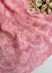 Gradient Color Pink Rose Embroideried Floral High Waist Tulle Maxi Skirt Spring