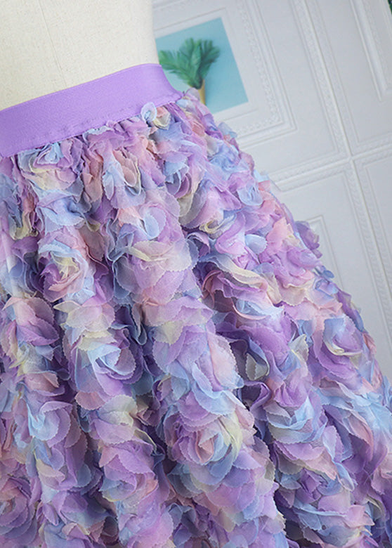 Gradient Color Purple Embroideried Floral Elastic Waist Tulle Maxi Skirt Long Sleeve