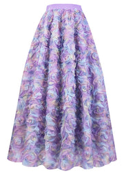 Gradient Color Purple Embroideried Floral Elastic Waist Tulle Maxi Skirt Long Sleeve