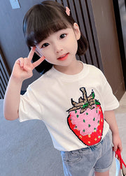 Gradient Color White O-Neck Strawberry Print Girls T Shirts Short Sleeve