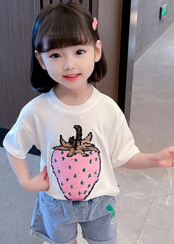 Gradient Color White O-Neck Strawberry Print Girls T Shirts Short Sleeve