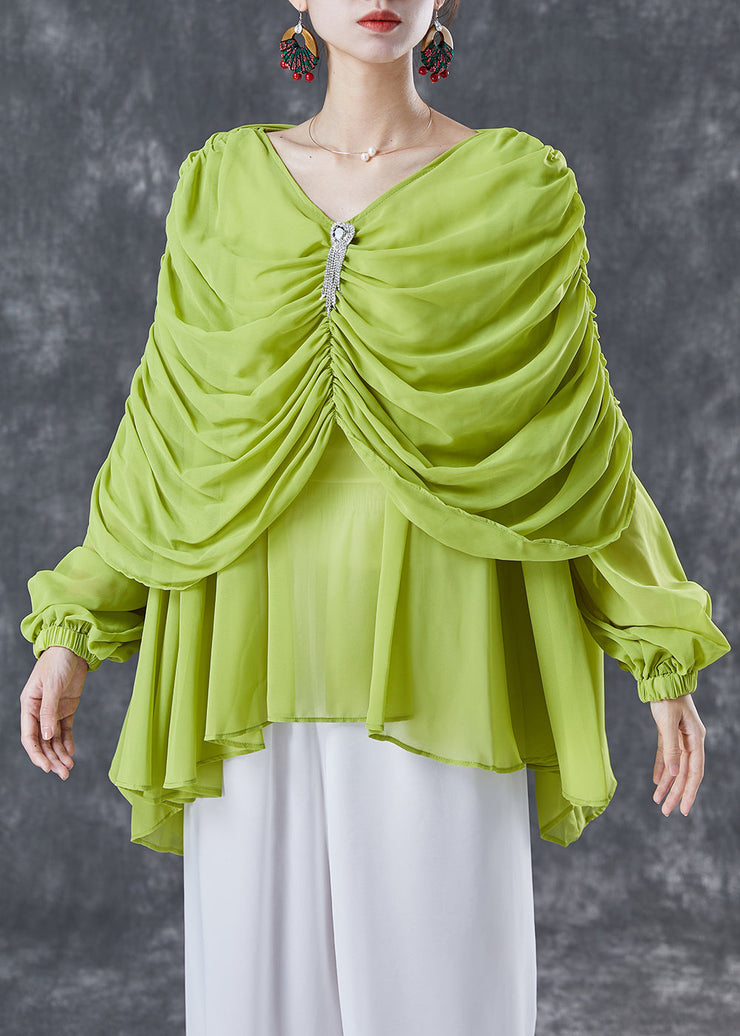 Grass Green Chiffon Blouses V Neck Wrinkled Summer