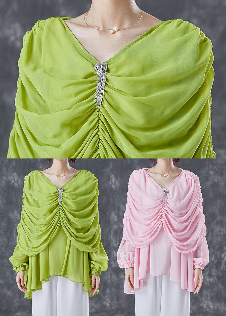 Grass Green Chiffon Blouses V Neck Wrinkled Summer