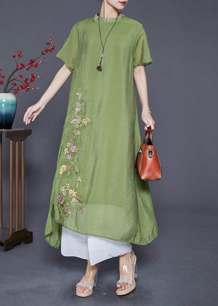 Grass Green Linen Silk Holiday Dress Embroideried Mandarin Collar Summer