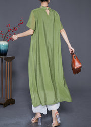 Grass Green Linen Silk Holiday Dress Embroideried Mandarin Collar Summer