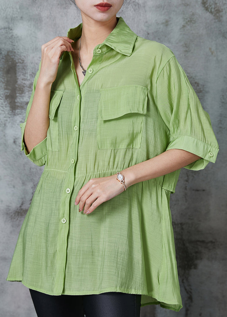 Grass Green Patchwork Silk Fake Two Piece Shirt Cinched Summer